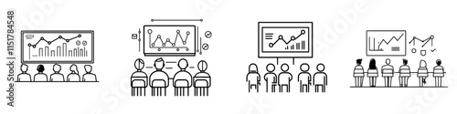 Training session, educational lesson, business presentation, outline icon. Line sign depicting a teacher addressing a group of students. Modern isolated pictogram for web and app on a white