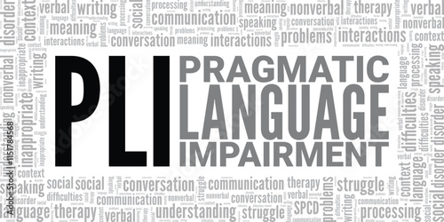 Pragmatic Language Impairment PLI word cloud conceptual design isolated on white background.