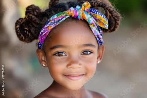 A cheerful young girl with big brown eyes and a vibrant headband smiles warmly, showcasing her joyful spirit against a natural, softly blurred background. photo