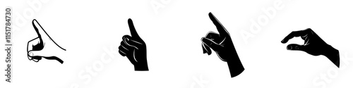 A minimalist black icon depicting a hand gesture for giving, taking, or placing something, designed in a flat style with a modern look, set against a gray background.