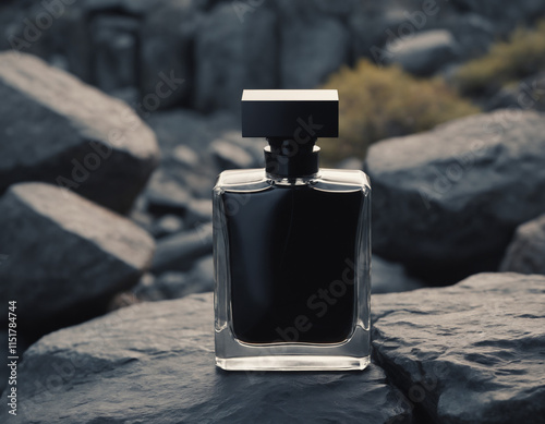 A bold, dark fragrance bottle on a rugged stone surface against a blurred background, creating a sense of mystery and sophistication Ai generated images photo