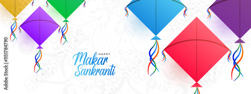Happy Makar Sankranti Festival Greeting Background Template Design. Makar Sankranti wallpaper with colorful kite string for festival of India. Makar Sankranti, the religious festival of India.