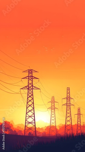 Vector illustration of a power grid, high-voltage lines, and pylons at sunset