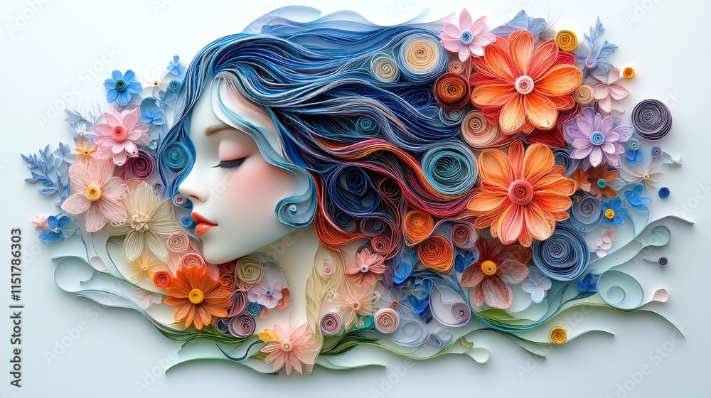 A stunning portrait of a woman with flowing hair made entirely of colorful paper flowers. A stunning portrait of a woman with flowing hair made entirely of colorful paper flowers.