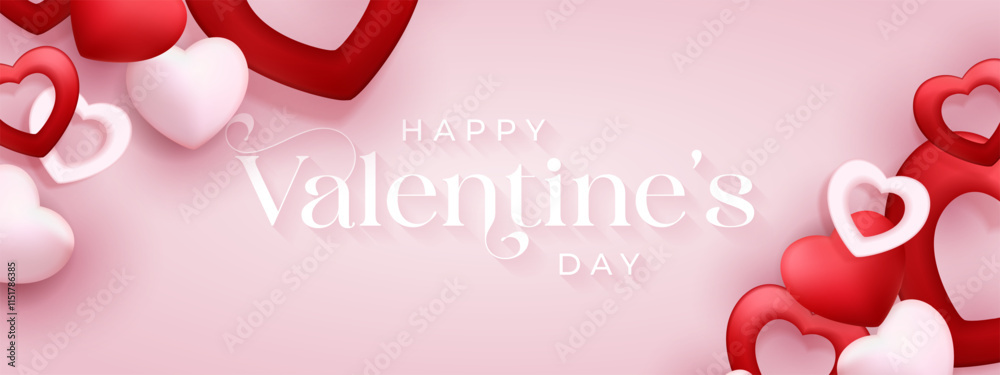 Naklejka premium Happy Valentine's day poster design and template with hearts. Happy valentine day photoframe with heart shape. Valentine's day banner background