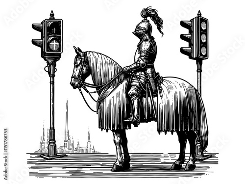 medieval knight on horseback, paused at a modern traffic light, blending historic and contemporary elements sketch engraving generative ai PNG illustration. Black and white image. photo