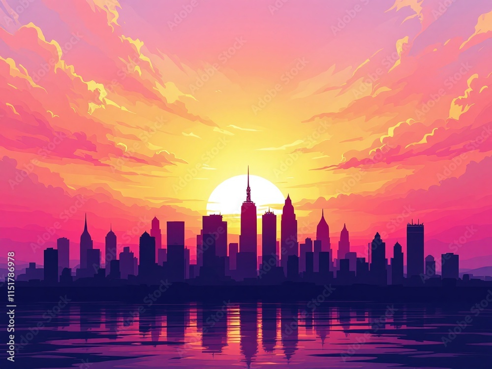 Fototapeta premium Stunning City Skyline at Sunset with Vibrant Colors and Silhouettes