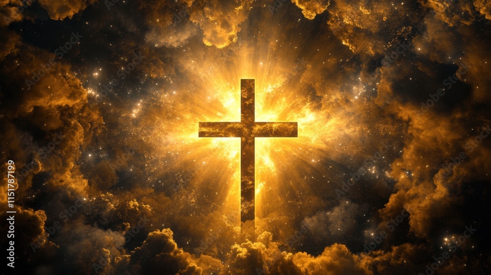 Fototapeta premium Glowing Cross in Dramatic Clouds with Radiant Light Effect