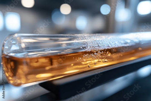 A close-up view of a test tube pouring amber liquid with bubbles, reflecting a creative scientific and artistic exploration within a modern laboratory atmosphere. photo