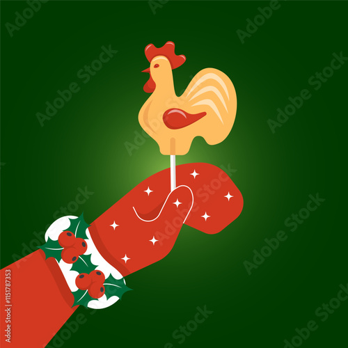 Woman's hand in red mitten holds  lollipop on a stick shaped like a cockerel.   Greeting card for Christmas and winter holidays. Vector illustration