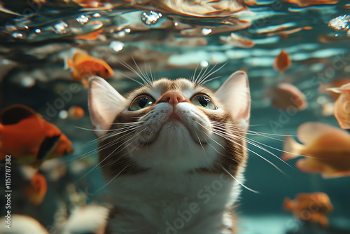 Curious Kitten Gazing at Vibrant Fish in an Underwater Aquarium: A Mesmerizing Aquatic Encounter photo