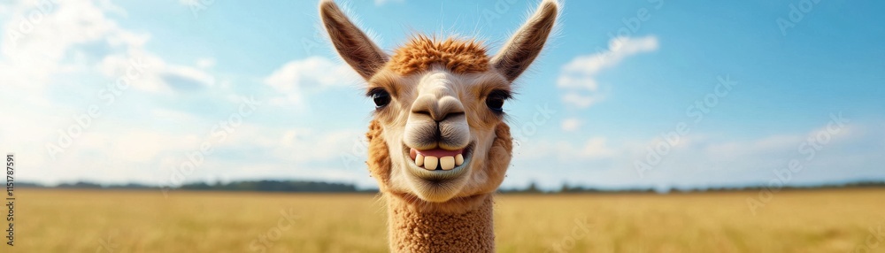 Obraz premium A cheerful llama smiles in a sunny field, surrounded by vibrant blue skies and golden grass, creating a joyful and serene atmosphere.