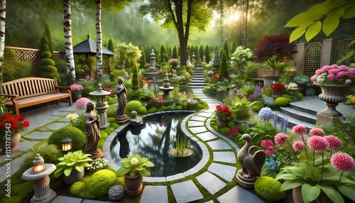 A beautiful outdoor garden with a small pond, stone pathways, and decorative sculptures