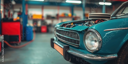 A vintage car is featured prominently in a garage, showcasing its classic design amidst a workshop setting.