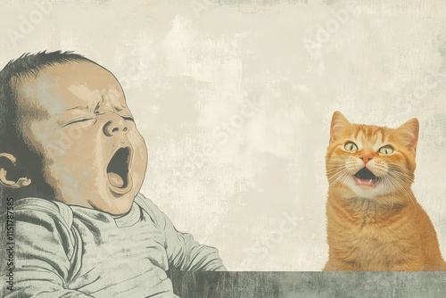 Yawning Baby and a Ginger Cat Sharing a Moment photo