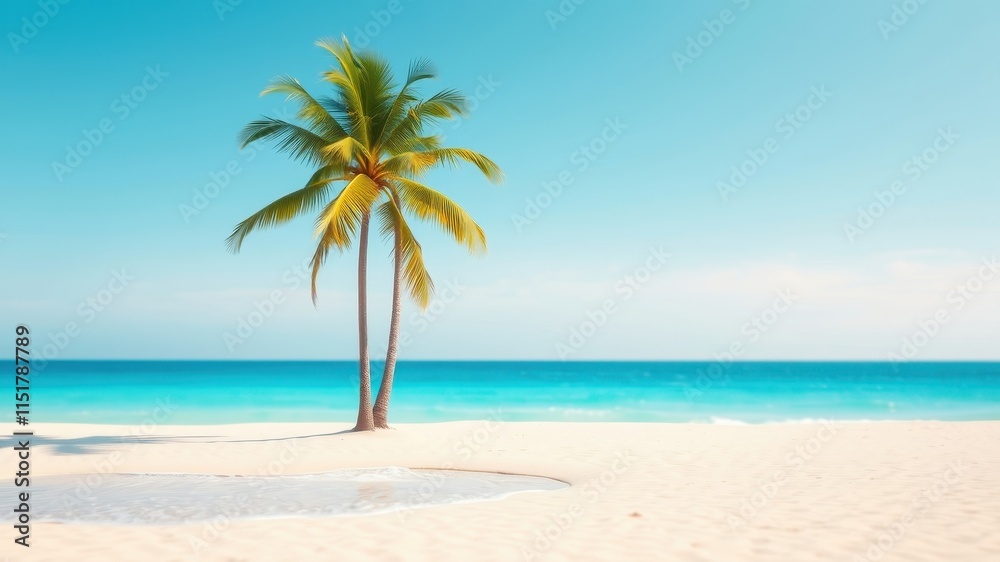 Obraz premium Serene Tropical Beach Scene Two Palm Trees on White Sand, Azure Ocean