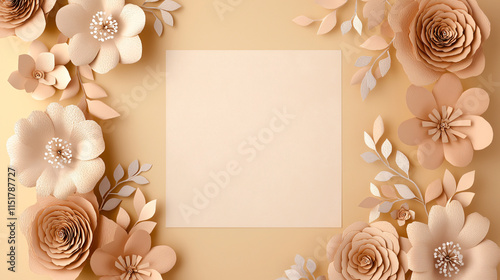 Elegant wedding card with dimensional paper flowers framing a blank central area for text, soft pastel tones enhancing the design. photo