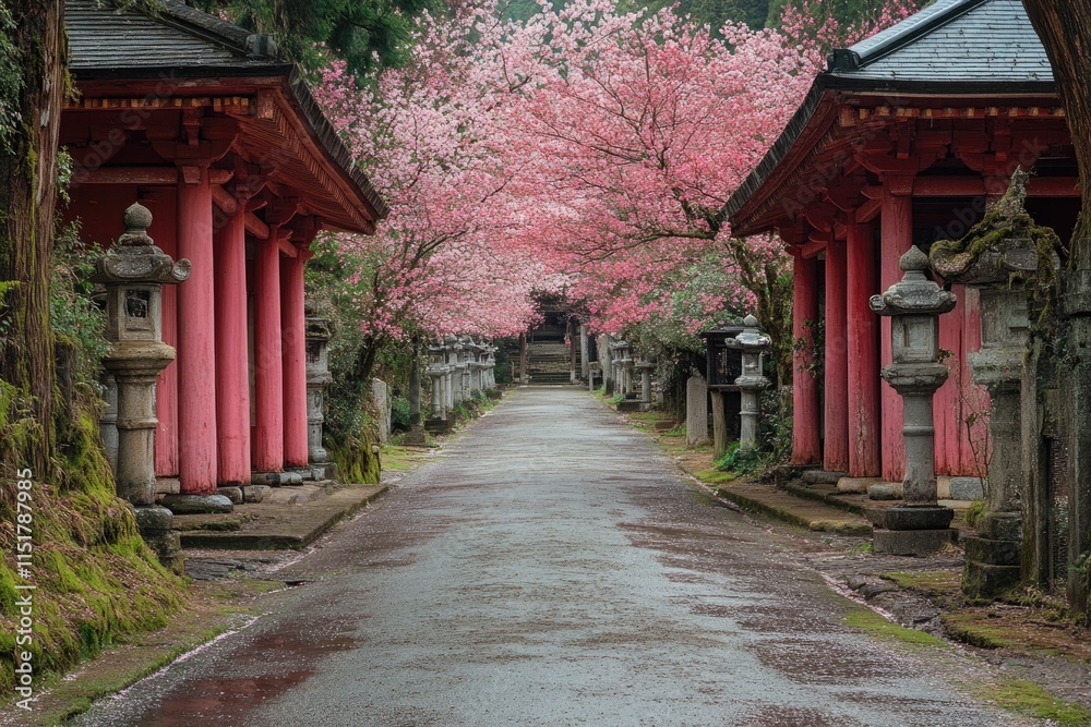 Japanese temple path with pink cherry blossoms in full bloom creating a tunnel Japanese temple path with pink cherry blossoms in full bloom creating a tunnel