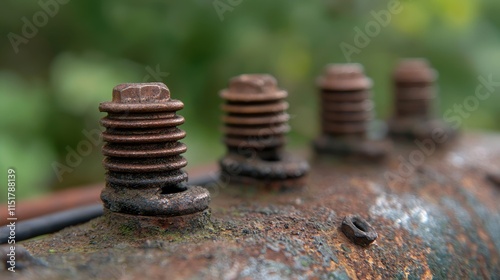 Close-up of rusted bolts on an old metal surface, surrounded by greenery, showcasing decay and the passage of time.