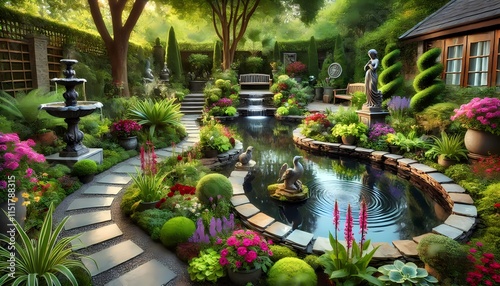 A tranquil outdoor garden featuring a small pond, stone pathways, and artistic sculptures, surrounded by lush greenery and vibrant flowers, creating a peaceful and serene atmosphere