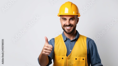 A close-up of a smiling construction worker in a yellow helmet, giving a confident thumbs up with one hand, standing against a minimal white background