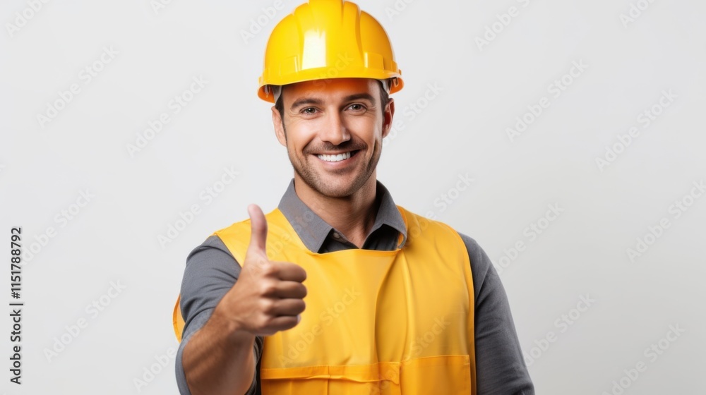 A close-up of a smiling construction worker in a yellow helmet, giving a confident thumbs up with one hand, standing against a minimal white background A close-up of a smiling construction worker in a yellow helmet, giving a confident thumbs up with one hand, standing against a minimal white background