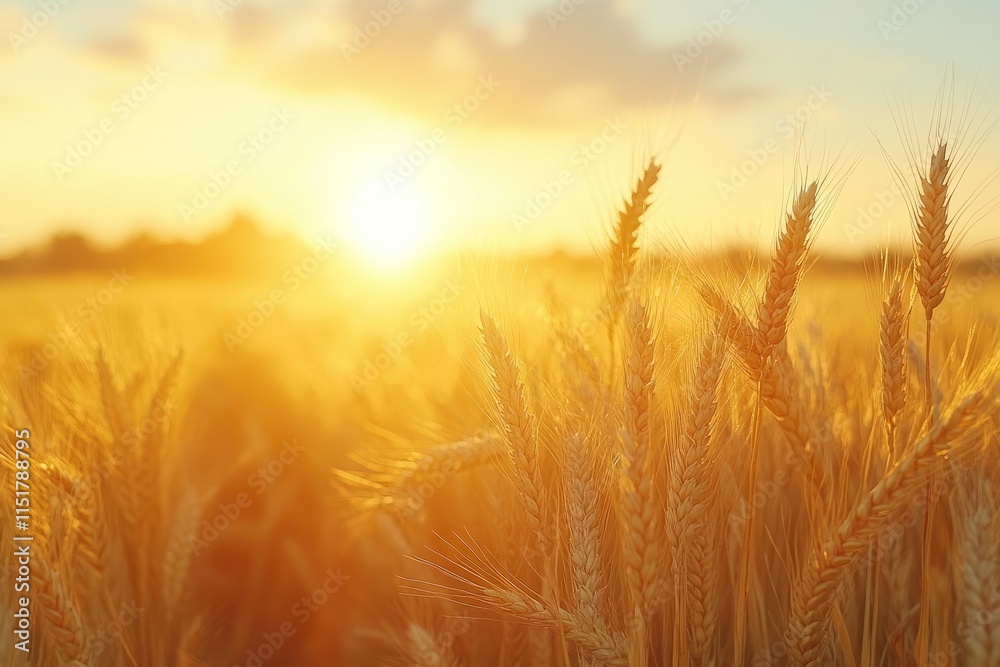 Golden wheat field gently swaying in the warm sunset glow Golden wheat field gently swaying in the warm sunset glow