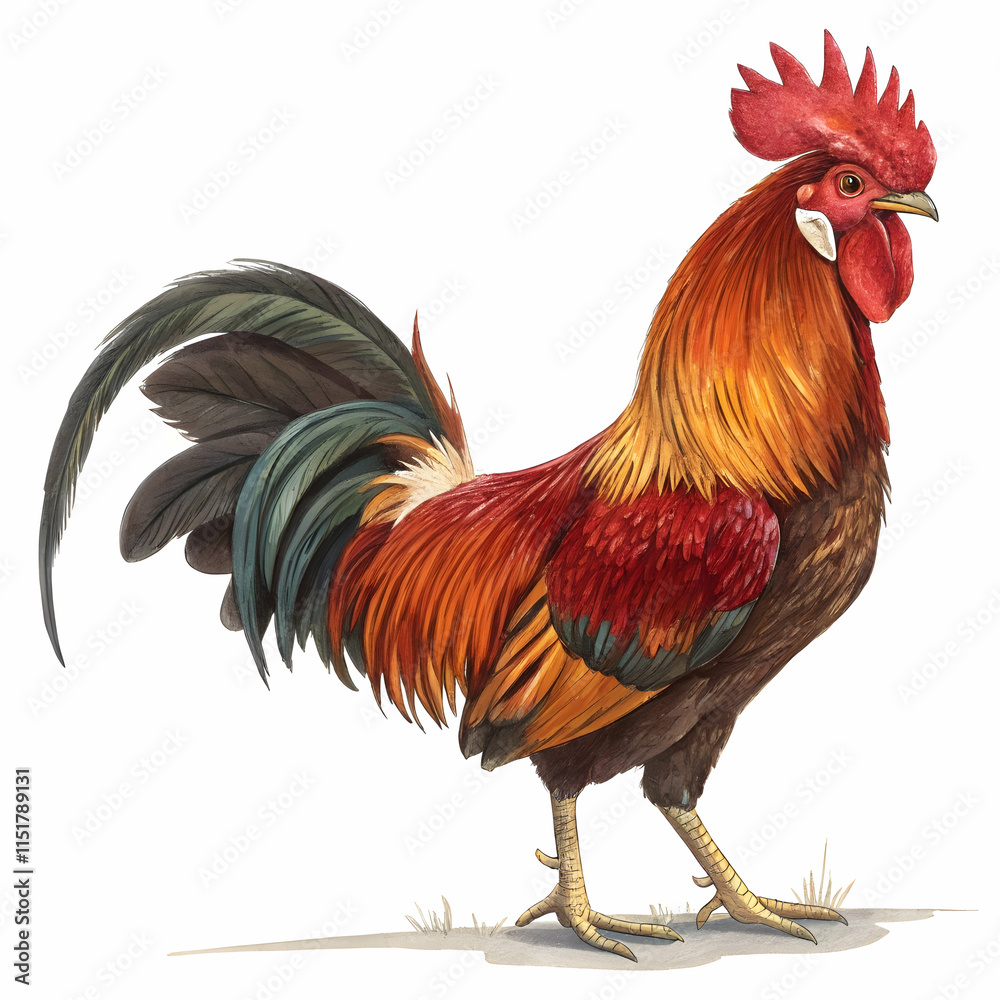 Fototapeta premium Majestic rooster with vibrant feathers standing proud on a white background