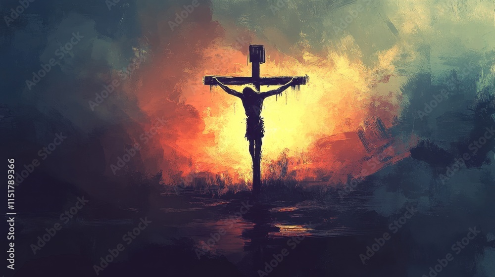 Artistic Representation of Crucifixion at Sunset with Dramatic Colors Artistic Representation of Crucifixion at Sunset with Dramatic Colors