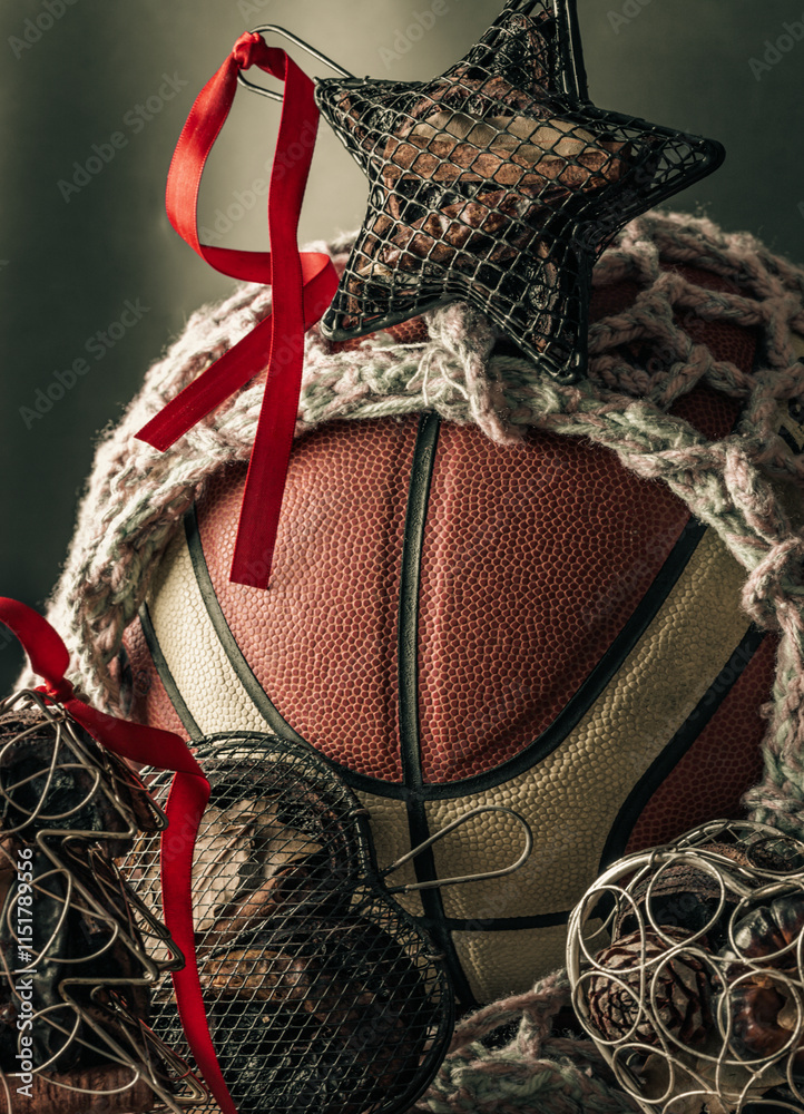 Basketball ball inside of mesh net string decoration with Christmas tree mesh case, Star mesh case and Heart mesh case on black background. sports play on christmas, Christmas-themed event basketball