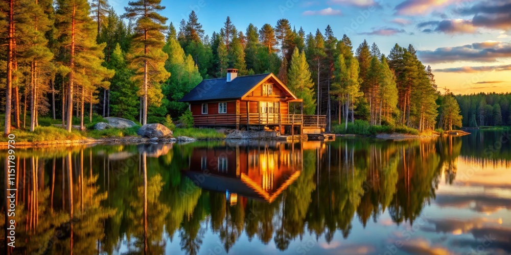 Fototapeta premium Find serenity in a picturesque Scandinavian lake cabin; stunning nature, Nordic design, and towering trees create a peaceful retreat.