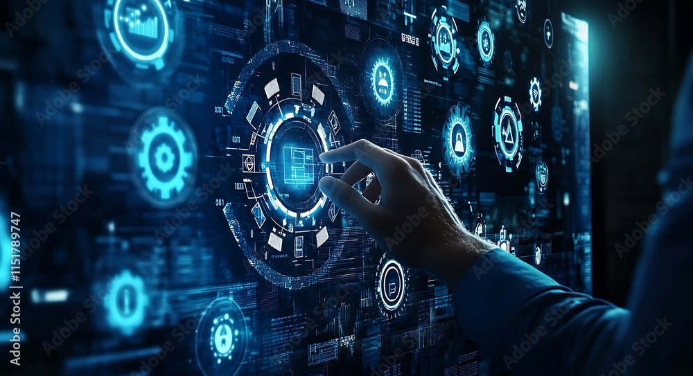 Hand interacting with a futuristic digital interface showing various data points and icons. Hand interacting with a futuristic digital interface showing various data points and icons.