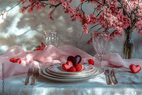 Valentine's Day Table Setting with Floral Decorations for a Romantic Meal. photo