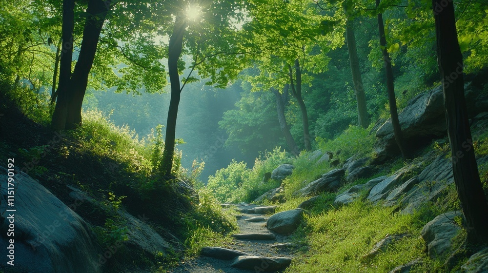 Fototapeta premium Sunlit Forest Path Winding Through Rocky Terrain