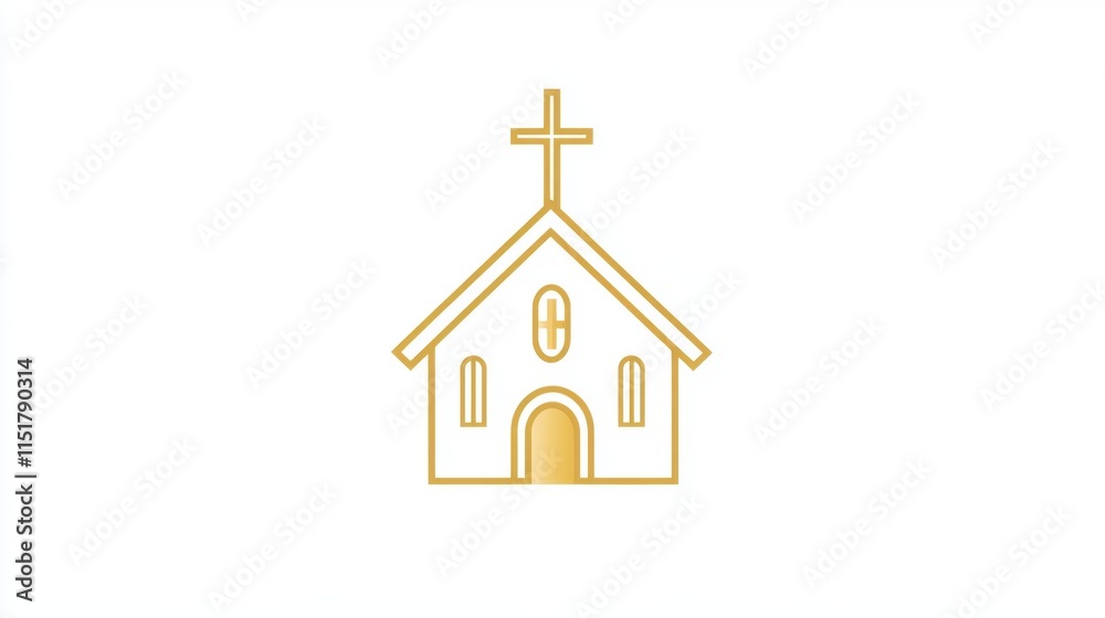 Simple Line Art of a Church with Cross Icon on White Background Simple Line Art of a Church with Cross Icon on White Background