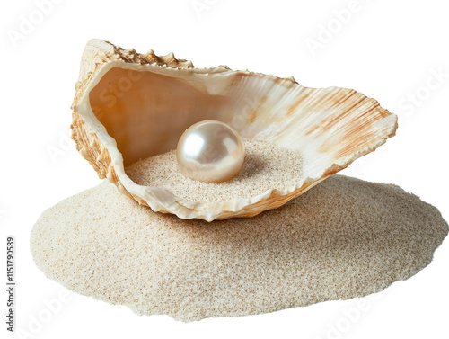 Beautiful shell with a lustrous pearl resting on sandy surface photo