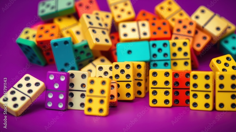A vibrant pile of colorful dominoes scattered on a purple background, ready for a game of chance and skill. A vibrant pile of colorful dominoes scattered on a purple background, ready for a game of chance and skill.