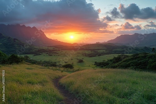 Breathtaking sunset illuminating lush valley in kauai, hawaii