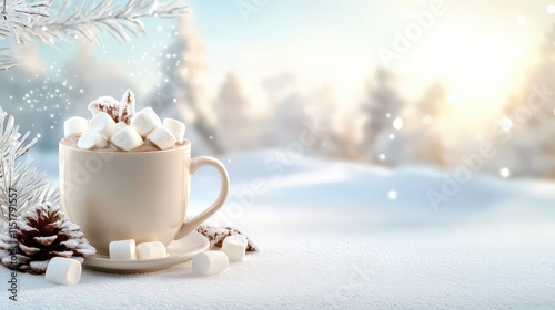 A warm cup of hot chocolate with marshmallows on a snowy winter day, with a scenic background of snow-covered trees and a hint of sunlight.