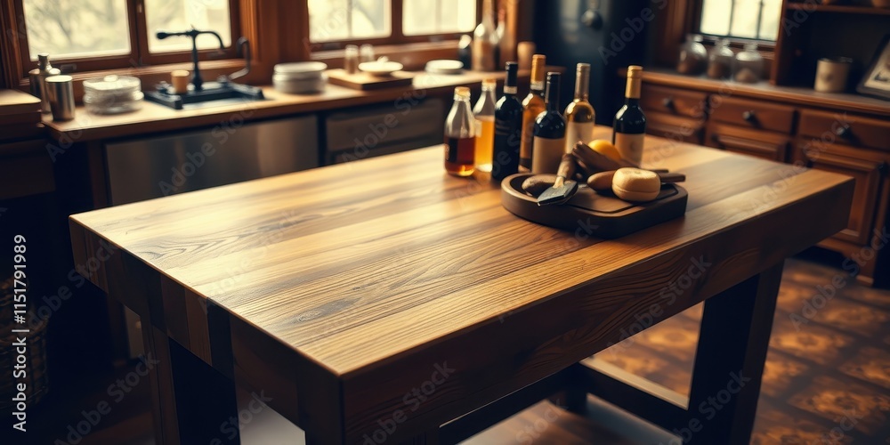 Rustic Kitchen Island with Wine Bottles and Cheese Board Rustic Kitchen Island with Wine Bottles and Cheese Board