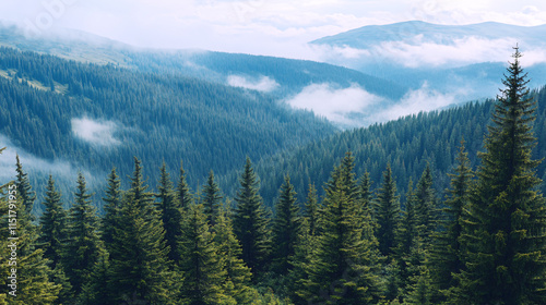 Misty spruce forest with low clouds in mountains. Natural background and atmospheric weather conditions with fog, landscape, Generative ai