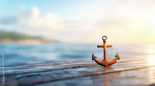 Close-up of a rusty anchor resting on a fishing pier, with detailed textures against a serene coastal backdrop. photo