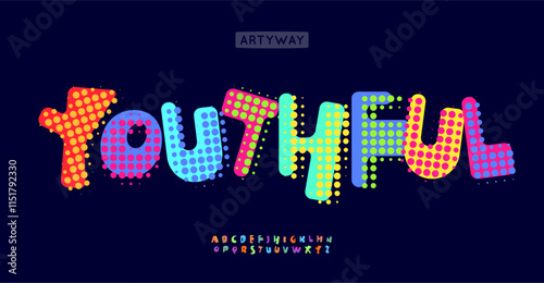 Funny Dotted Alphabet, playful comic book letters with vibrant dots, halftone font for youthful headline, logo, branding, typography, colorful cheerful style. Vector typeset.