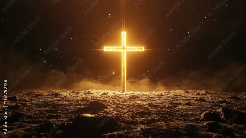 Glowing Cross Symbol on Dark Background with Dramatic Lighting Effects Glowing Cross Symbol on Dark Background with Dramatic Lighting Effects