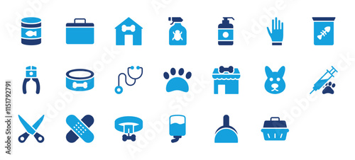 Set of Pet Shop icon. Collar, Stethoscope, Pet Shampoo, Bandage, Pet Shop, Scissor, Drip, Dustpan, Pet Box, Fish, Aid Kit, Dog House, Bug Spray, Hand Gloves, Pincer, Dog Food vector illustration. 