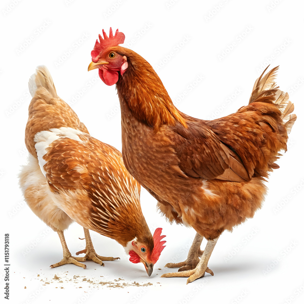Fototapeta premium Two light brown chickens grazing in a simple transparent setting