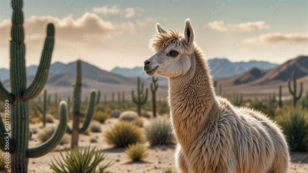 Obraz premium Fluffy llama in desert landscape with cacti and mountains