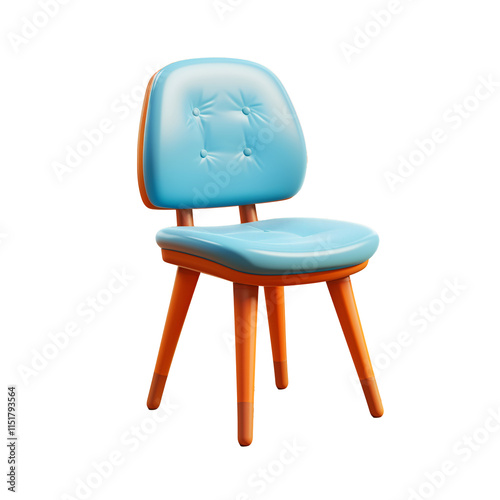 a blue chair with wooden legs