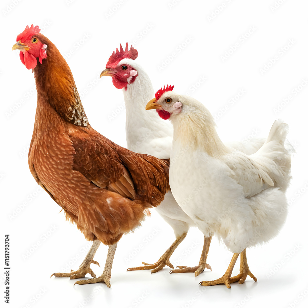 Fototapeta premium Two white chickens and one brown hen isolated on white background
