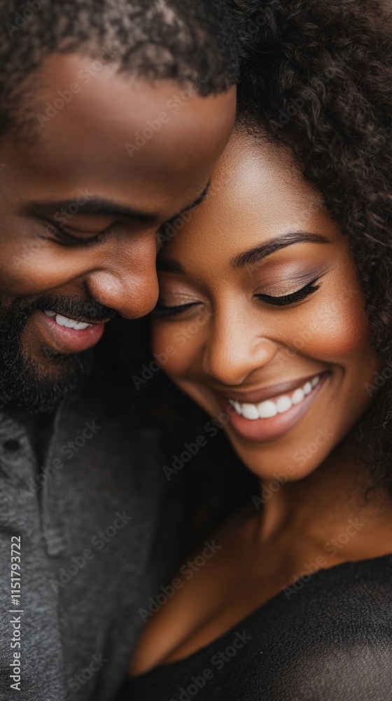 Close-up portrait of an affectionate African American couple sharing an intimate moment together, both with genuine smiles and closed eyes, expressing pure joy and love. Close-up portrait of an affectionate African American couple sharing an intimate moment together, both with genuine smiles and closed eyes, expressing pure joy and love.